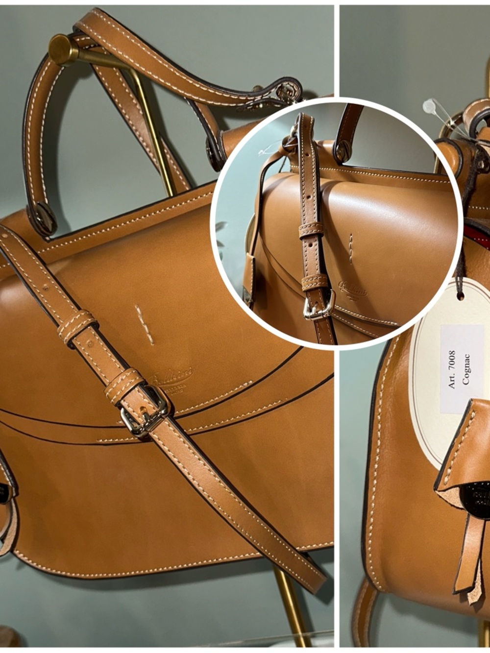 BOLDRINI SELLERIA Art. 7008 Genuine Florentine Vacchetta Leather Bag, in Cognac